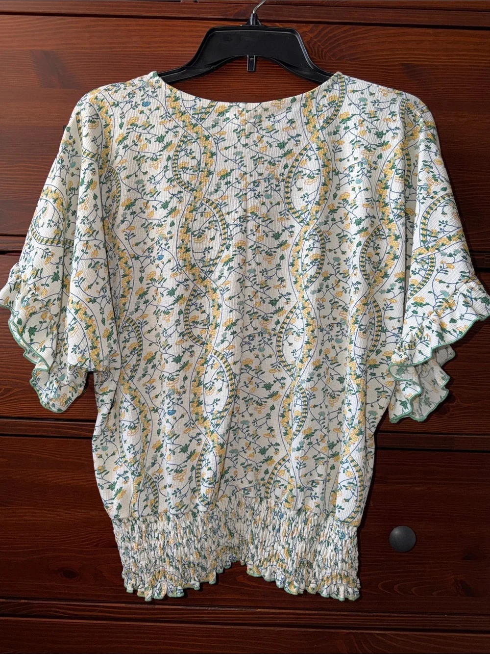 MELLODAY Floral Smocked Waist Blouse Green Yellow Floral Large